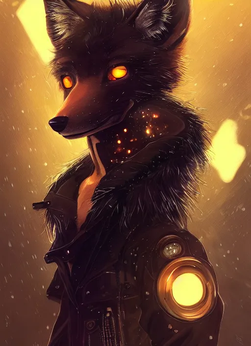 Image similar to award winning beautiful portrait commission of a male furry anthro melanated fox fursona with a tail and a cute beautiful attractive detailed furry face wearing stylish black and gold cyberpunk clothes in a cyberpunk city at night while it rains. Character design by charlie bowater, ross tran, artgerm, and makoto shinkai, detailed, inked, western comic book art