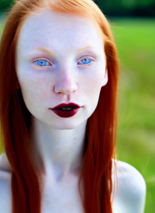 Image similar to close up portrait photograph of a thin young redhead woman with russian descent, sunbathed skin, with deep blue symmetrical!! eyes with round!! Black!! Pupils, and Wavy long maroon colored hair who looks directly at the camera, with a Slightly open mouth, face takes up half of the photo. a park visible in the background. 55mm nikon. Intricate. Very detailed 8k texture. Sharp. Cinematic post-processing. Award winning portrait photography. Sharp eyes.