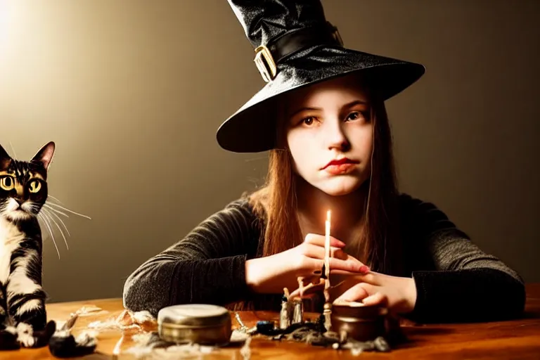 Prompt: close up portrait, dramatic lighting, concentration, calm confident teen witch and her cat, tarot cards displayed on the table in front of her, sage smoke, magic wand, a witch hat cloak, apothecary shelves in the background 1 9 2 0's photo, damaged film