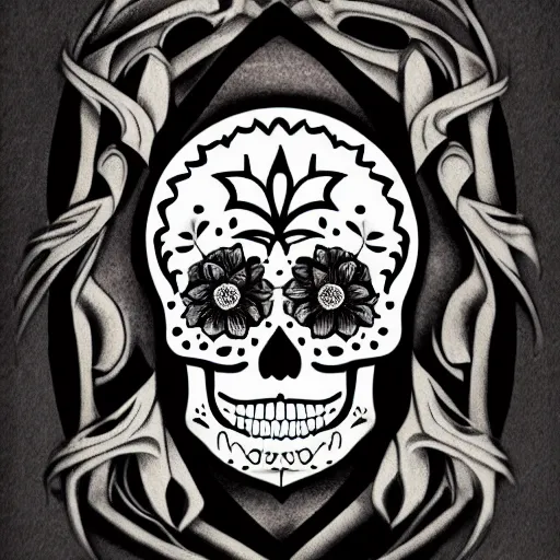 Image similar to a small vector tattoo design. h. r. giger sugar skull.