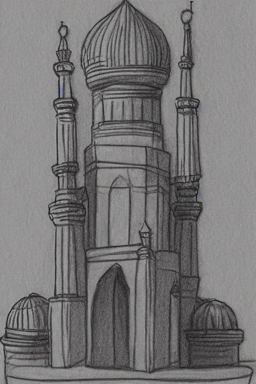 Image similar to a mosque in space in the style of a rough charcoal sketch