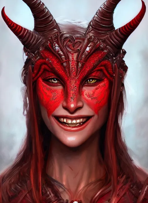 Image similar to red skin, Tiefling , smiling, beautiful detailed eyes, cute, fantasy, intricate, elegant, highly detailed, digital painting, 4k, HDR, concept art, detailed jewelry, smooth, sharp focus, illustration, by Eric Deschamps