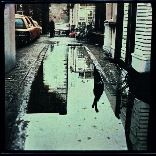 Image similar to wide-shot very low-angle eyesight reflection of a cat in the puddle at the street in Moscow, polaroid photo, by Andy Warhol, signed