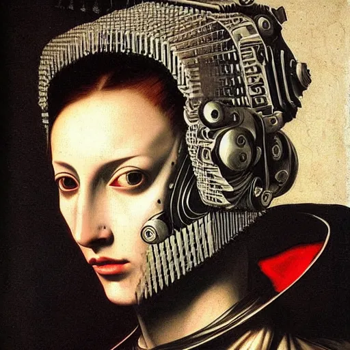 Image similar to portrait of a cyberpunk character from the 1 6 th century, ( ( ( art by caravaggio ) ) ), cybernetic implant, award winning, masterpiece, intricate, dramatic light, detailed face, highly detailed, asymmetrical, dark