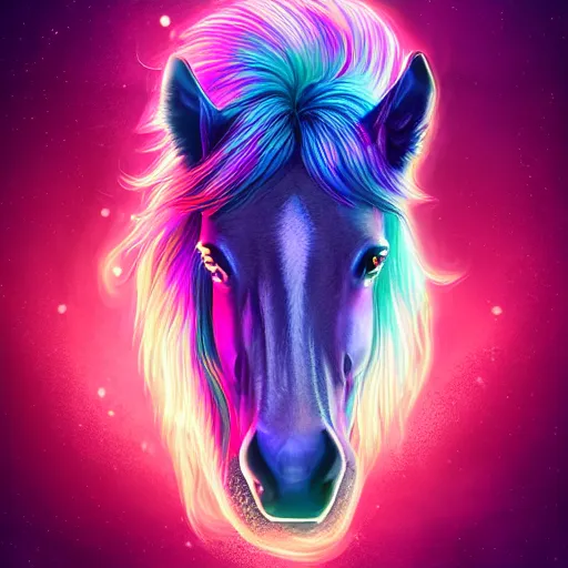 Prompt: digital horse, retrowave palette, highly detailed, anatomically correct equine, synth feel, smooth face, ear floof, flowing mane, no reins, super realism, neigh, accurate animal imagery, 4 k digital art