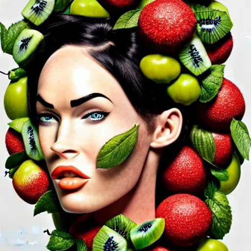 Image similar to megan fox vegan editorial by malczewski, character sculpture by arcimboldo, stil frame from'cloudy with a chance of meatballs 2'( 2 0 1 3 ) of fruit dryad, fruit hybrid megan fox editorial by alexander mcqueen and arcimboldo