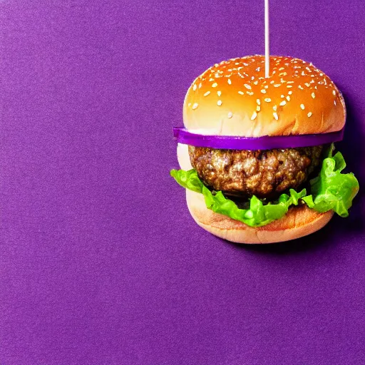 Image similar to a stock photo of a cheeseburger on a purple background, product photography, f 2. 4, bokeh effect, award winning