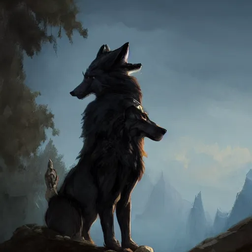 Image similar to an anthropomorphic wolf in a black doublet looking out over the hills, artstation hq, stylized, greg rutkowski, sharp focus, concept art, furaffinity fursona, furry, anthropomorphic