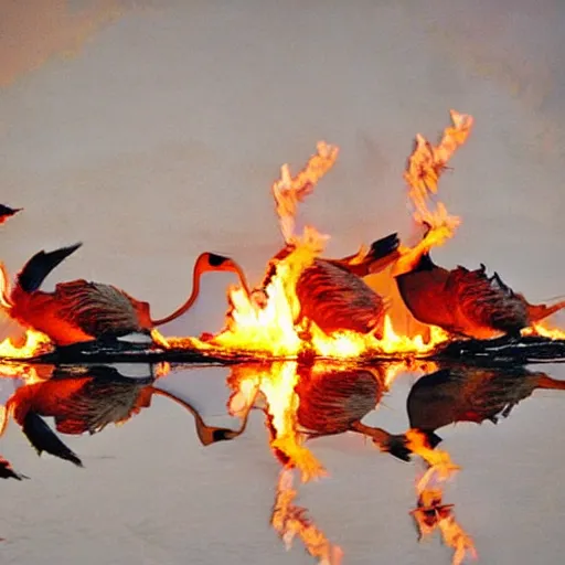 Prompt: fire breathing geese, geese spitting fire, fire from the mouth, flame thrower