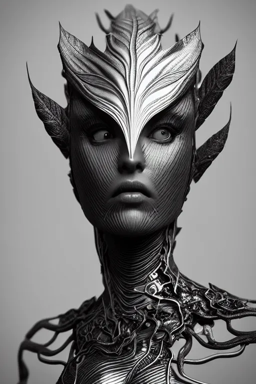 Image similar to bw close - up profile face, black background, beautiful young porcelain vegetal - dragon - cyborg - female, 1 5 0 mm, beautiful natural soft rim light, silver gold details, magnolia leaves and stems, roots, mandelbot fractal, elegant, ultra detailed, white metallic armour, octane render, h. r. giger style