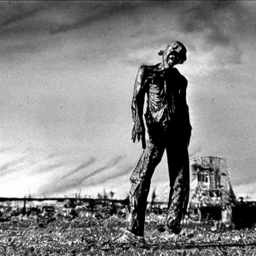 Image similar to real life irradiated walking zombie 1950s nuclear wasteland black and white award winning photo highly detailed, highly in focus, highly life-like Arriflex 35 II, by stanley kubrick