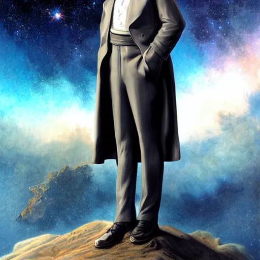 Image similar to mark twain stands at the edge of the universe, artgerm