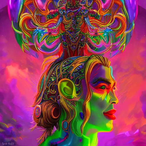 Image similar to portrait of colorful psychedelic godlike machine elves in another plane of existence and transcendence, trending on artstation