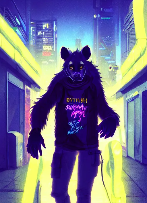 Prompt: beautiful portrait commission of a male furry anthro hyena fursona wearing skater clothes. Cyberpunk city at night in the rain. Neon light. Atmospheric. Character design by charlie bowater, ross tran, artgerm, and makoto shinkai, detailed, inked, western comic book art