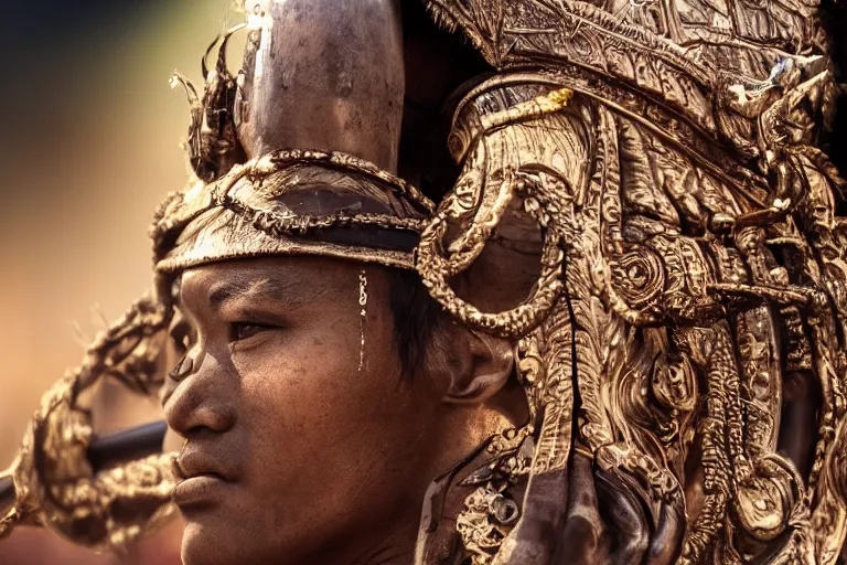 Image similar to close - up photo of a beautiful khmer warrior prince in a battle scene, detailed eyes, shallow depth of field, photorealistic, cinematic lighting, lovely bokeh, warm colours, dusk