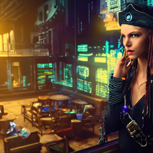 Image similar to a high quality portrait of a beautiful pirate in a cyberpunk cyberpunk cyberpunk cafe, realism, 8k, award winning photo