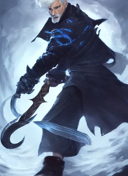 Image similar to a highly detailed illustration of short slick back white haired man wearing dark blue coat, dramatic wielding sword pose, intricate, elegant, highly detailed, centered, digital painting, artstation, concept art, smooth, sharp focus, league of legends concept art, wlop