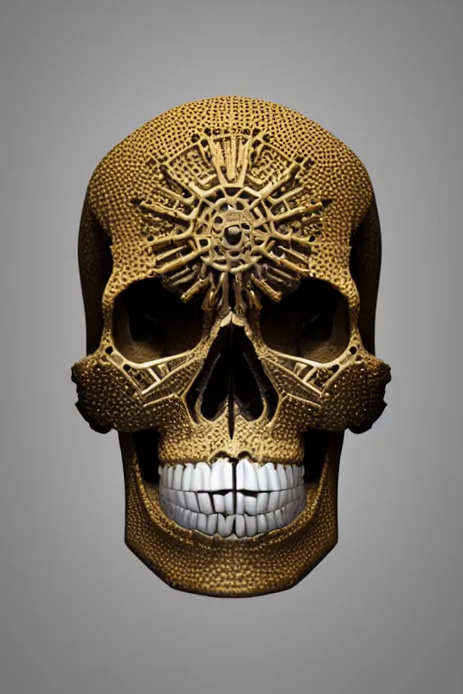 Image similar to hyperrealistic 3 d render skull, the skull is decorated with art deco gears patterns, hyperrealistic, volumetric lighting, ultra detailed, elegant, octane render, blue and gold, 8 k, trending on artstation, unreal engine