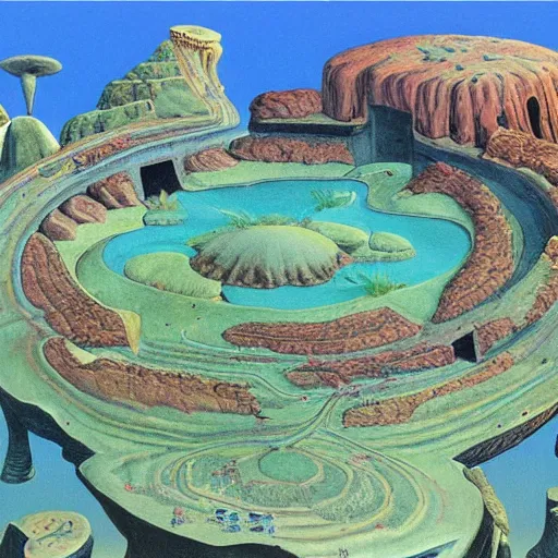 Image similar to a cylindrical pit in the ground with a city inside, painting by Roger Dean