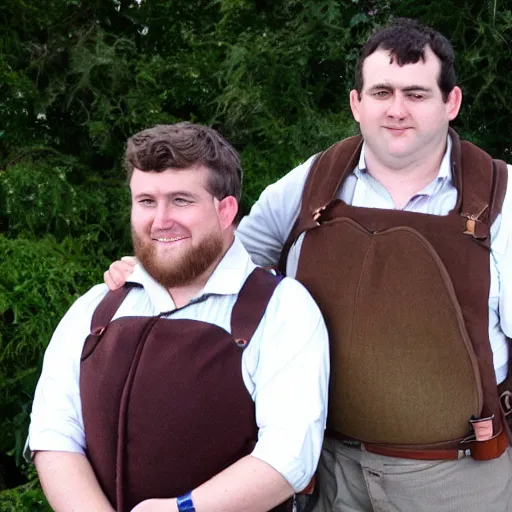 Image similar to clean shaven pudgy British lad with short curly dark brown hair as a hobbit wearing a white men's crossbody sling chest bag and blue vest