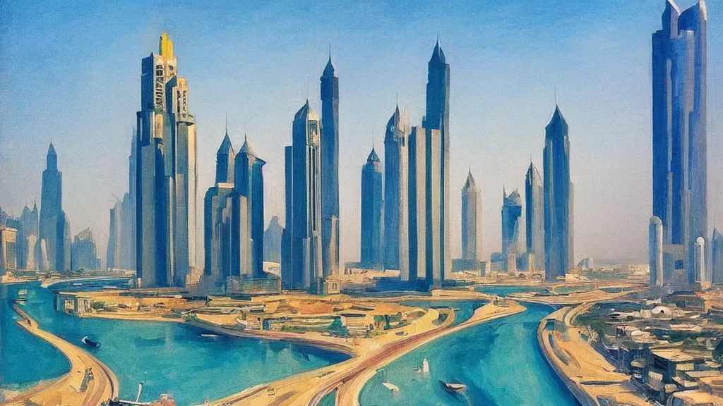 Prompt: Street art. paralyzed by the indescribable beauty of the cosmos. amazing view of the city of Dubai. art style by Edward Hopper daring, incredible