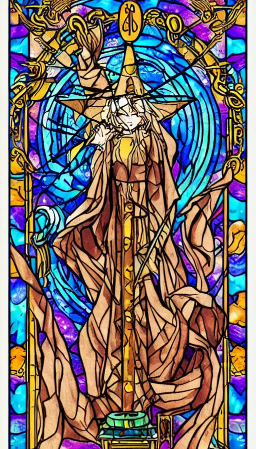 Prompt: !dream anime tarot card based on the card Judgement,, beautiful lines, cosmic, psychedelic, detailed, clean, stained glass
