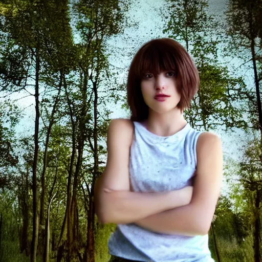 Prompt: an hd candid photo of a cute young woman with short brown hair and green eyes, beautiful trees in the background, night sky with stars and galaxies, trending on artstation