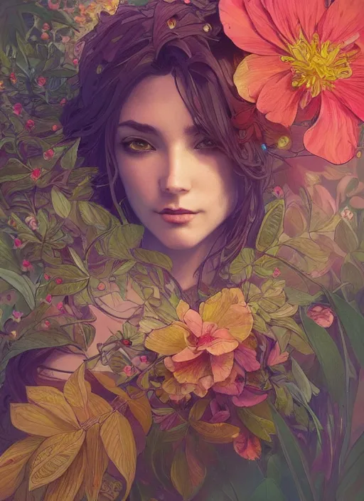 Image similar to isolated flowers with strong dark comic outlines, colorful, psychedelic, intricate, elegant, highly detailed, digital painting, artstation, concept art, smooth, sharp focus, illustration, art by artgerm and greg rutkowski and alphonse mucha