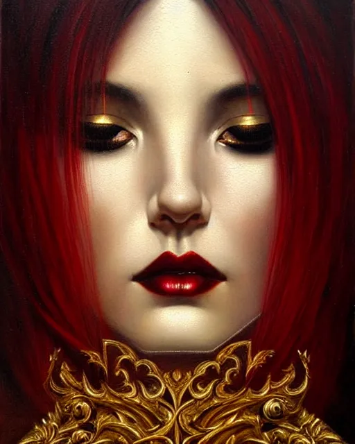 Image similar to portrait of a beautiful goddess, enigmatic beauty, dominant shades of black, gold silver, dark red, white, head in focus, ornamental aesthetics, intricate, elegant, highly detailed, hyperrealistiic painting, artstation, concept art, painterly, sharp focus, illustration, art by karol bak