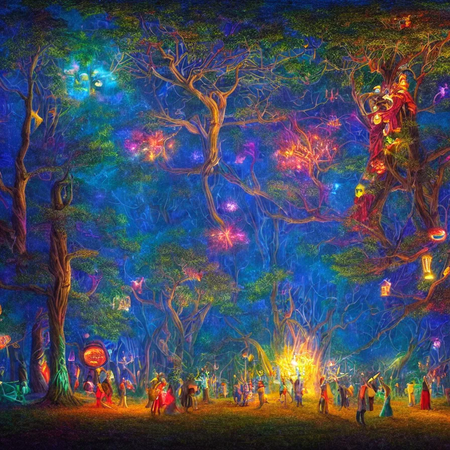 Image similar to closeup of a night carnival around a magical in a summer storm, tree cavity with a music scenario with many fireworks and christmas lights,, volumetric lightning, intense colored god rays in the sky, folklore people disguised with fantastic creatures in a magical forest by summer night, masterpiece painted by rob gonsalves, scene by dark night environment, refraction lights,