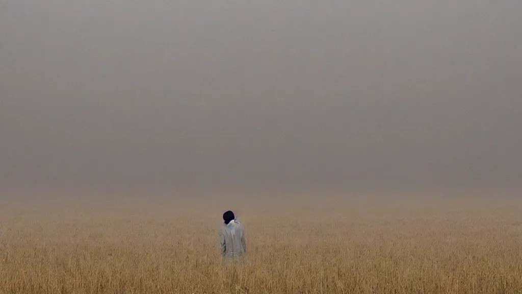 Image similar to crowd skeleton standing in a stomry, foggy wheat field, in the style of andrew wyeth, fine details