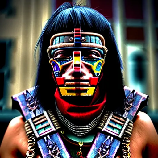 Image similar to photo of a real-life cyberpunk aztec warrior