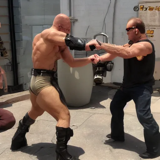 Prompt: dril fist fighting a metal gear, photograph