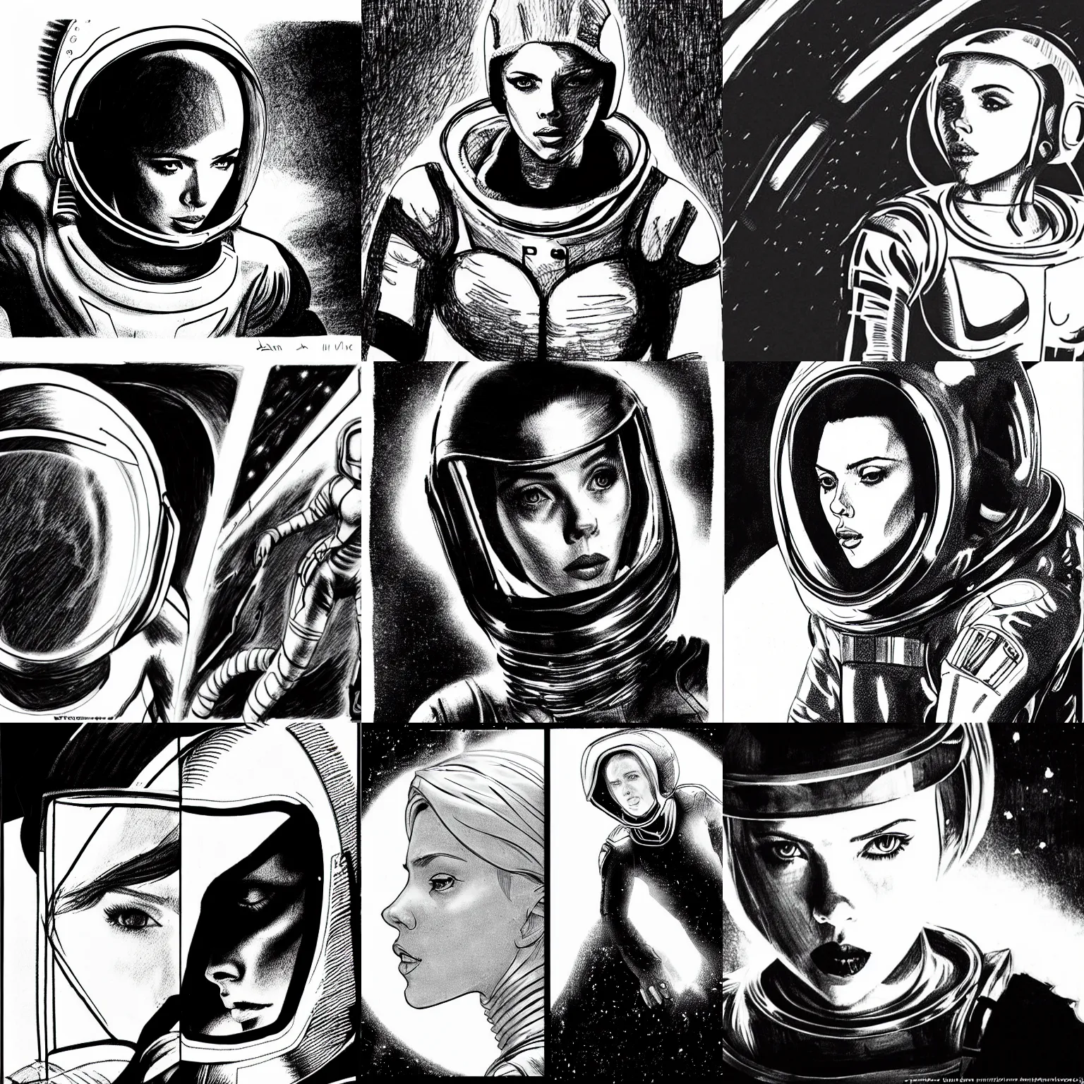 Prompt: scarlett johansson in spacesuit, searching dark alien spaceship, black and white, pencil and ink manga, ridley scott, dramatic lighting