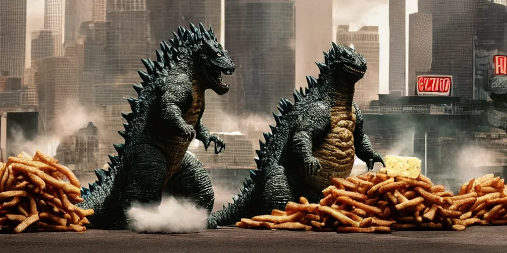 Image similar to photo of godzilla eating a giant pile of cheeseburgers with glee, funny, weird