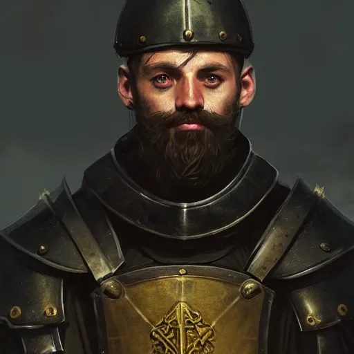 Prompt: Closeup of frustrated male medieval sergeant with a {short} beard wearing a black!!!! and yellow tabard over a steel breastplate and a black gambeson no no no no no helm, intricate, dramatic lighting, illustration by Greg Rutkowski, ArtStation, digital art, fantasy