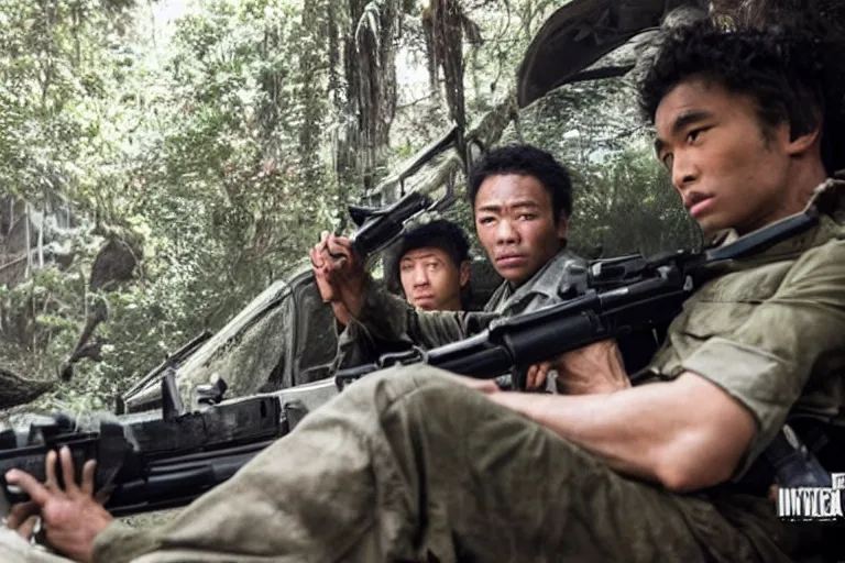 Image similar to movie diverse interracial team of Japanese robbers armed with rifles interior clean military van, beautiful skin, Symmetrical faces. natural lighting by Emmanuel Lubezki