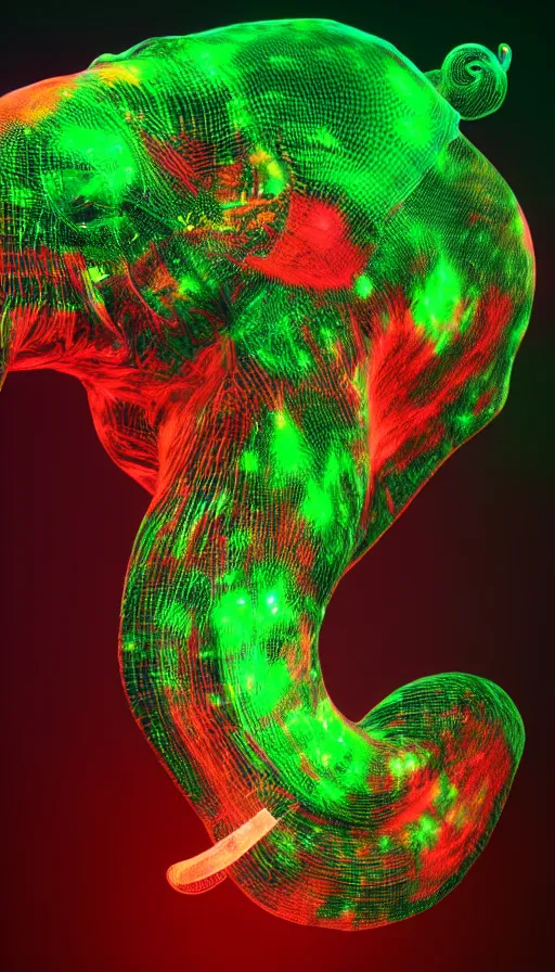 Image similar to 8K UHD Houdini render of ifs fractal elephant, background bioluminescent swirling wisps, red yellow green blue smoke gradient palette, volumetric lighting, 18 mm lens