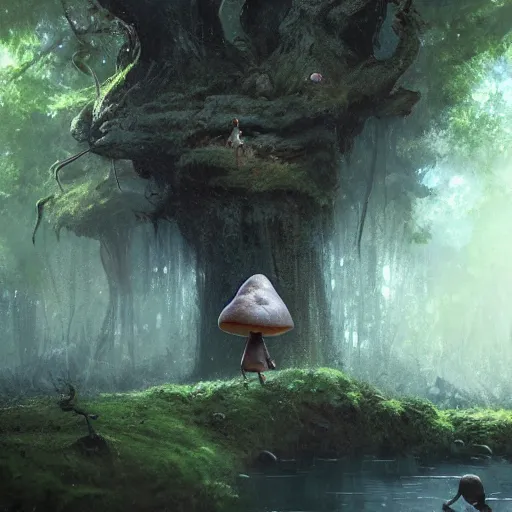 Image similar to a tiny mushroom person with a mushroom for a head walking by a stream in a lush forest, dramatic lighting, illustration by Greg rutkowski, yoji shinkawa, 4k, digital art, concept art, trending on artstation