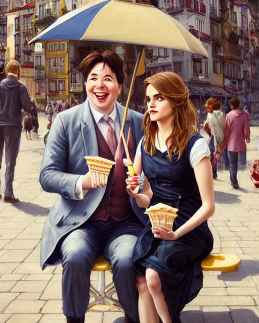 Image similar to Portrait of Michael Mcintyre & blonde Emma Watson eating ice creams in Porto,real life skin, intricate, elegant, highly detailed, artstation, concept art, smooth, sharp focus, art by artgerm and greg rutkowski and alphonse mucha