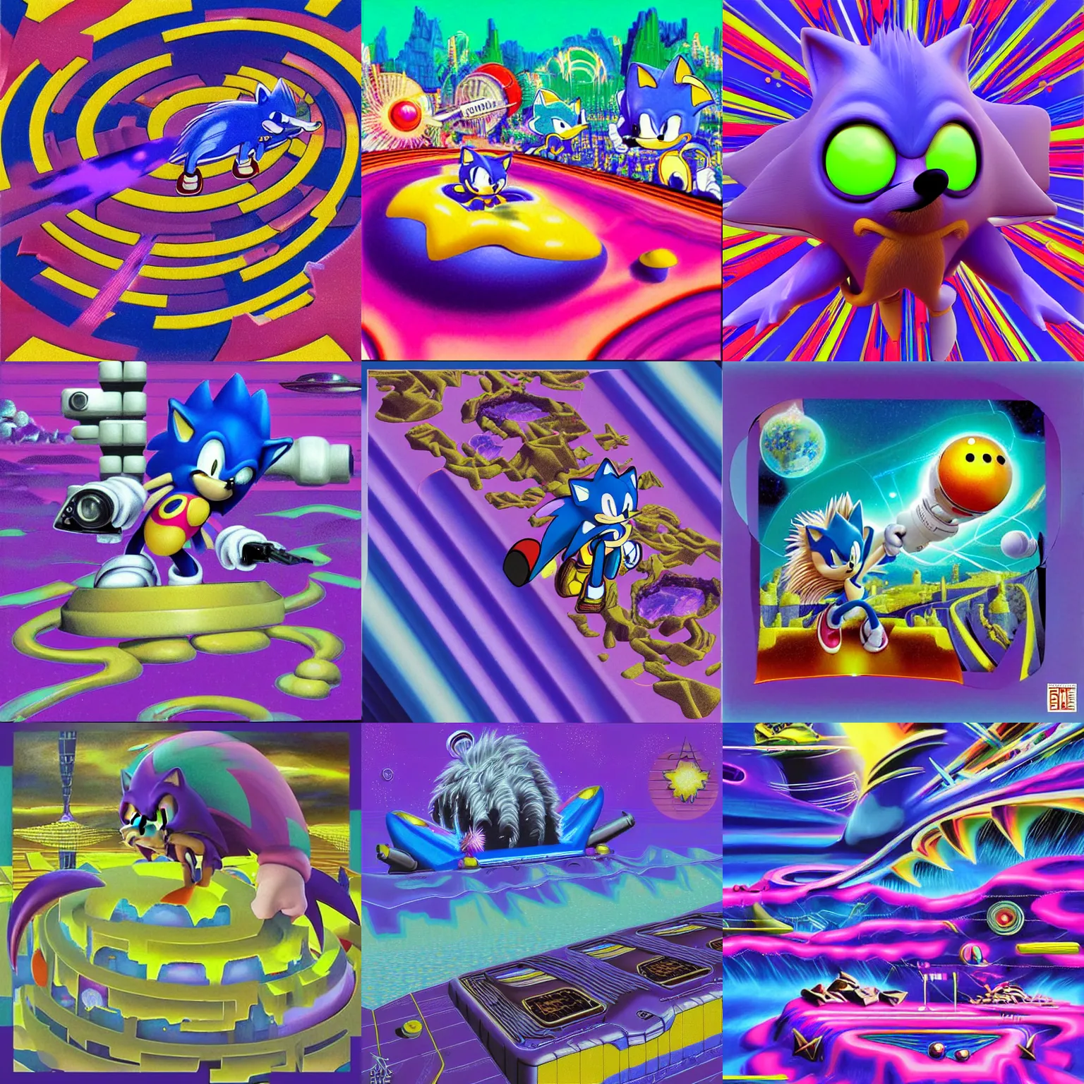 Prompt: dreaming of closeup sonic hedgehog portrait deconstructivist claymation scifi matte painting landscape of a surreal stars, retro moulded professional soft pastels high quality airbrush art album cover of a liquid dissolving airbrush art lsd sonic the hedgehog swimming through cyberspace purple teal checkerboard background 1 9 8 0 s 1 9 8 2 sega genesis video game album cover