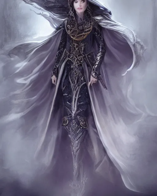 Image similar to a portrait of a muse of beauty, Elspeth Knight Errant, long flowing cape and cowl, silver and gold heavy armor, long magical staff with ruby gems, young female face, rune magic, cinematic top lighting, insanely detailed and intricate, face by wlop, Charlie Bowater, golden ratio, symmetric, elegant, ornate, luxury, elite, matte painting, MTG, magic the gathering, cinematic, cgsociety, 8k, high resolution, trending on artstation, deviantart and pinterest