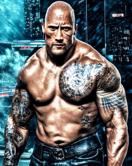 Prompt: epic portrait of cyberpunk dwayne johnson