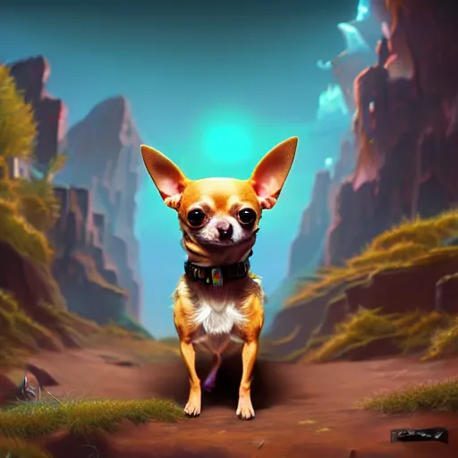 Image similar to a transcendent chihuahua living in an extradimensional reality, in the style of wlop, illustration, epic, fantasy, hyper detailed, smooth, unreal engine, sharp focus, ray tracing, physically based rendering, renderman, beautiful