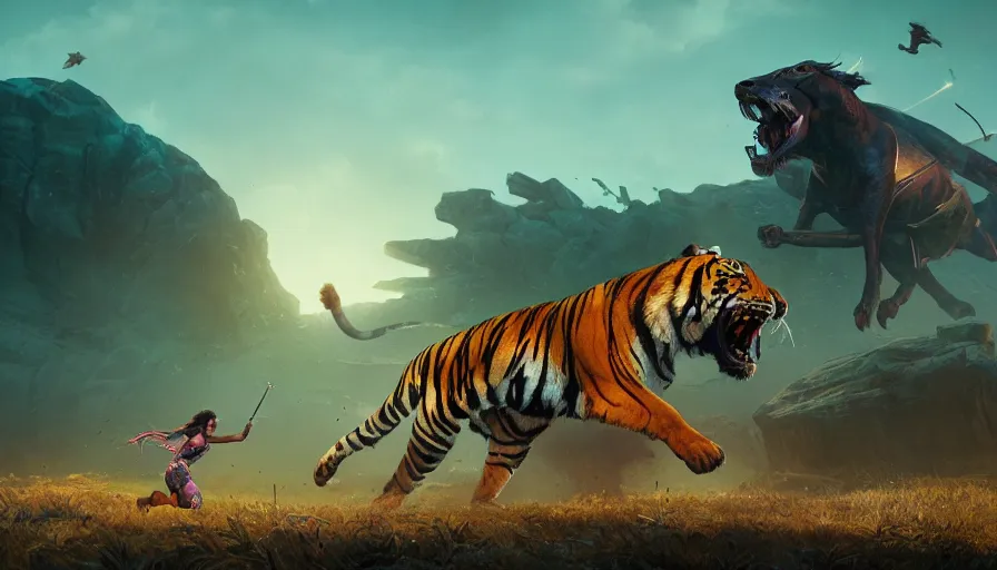 Prompt: gal gadot chasing a tiger, an epic fantasy, dramatic lighting, cinematic, establishing shot, extremely high detail, photorealistic, cinematic lighting, artstation, matte painting, by simon stalenhag, horizon forbidden west