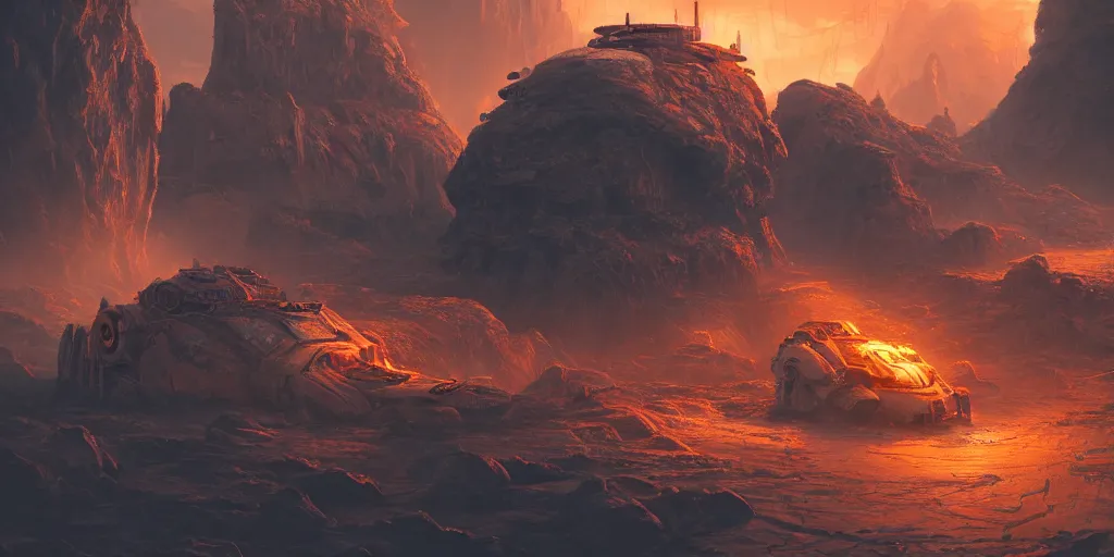 Image similar to futuristic steampunk giant starship, surrounded by eroded rocks, by Andreas Rocha, stunning volumetric lighting, sundown, trending on Artstation, 8k, photorealistic, hyper detailed, unreal engine 5, cinematic, epic lighting, cryengine, octane render, cyberpunk, red and orange glow