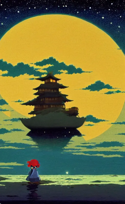 Image similar to a very dull wide shot still from ponyo ( 2 0 0 8 ) of matsushima bay on a starry night. an old monk is nearby. perfect art, grimdark, trending on pixiv fanbox, painted by studio ghibli