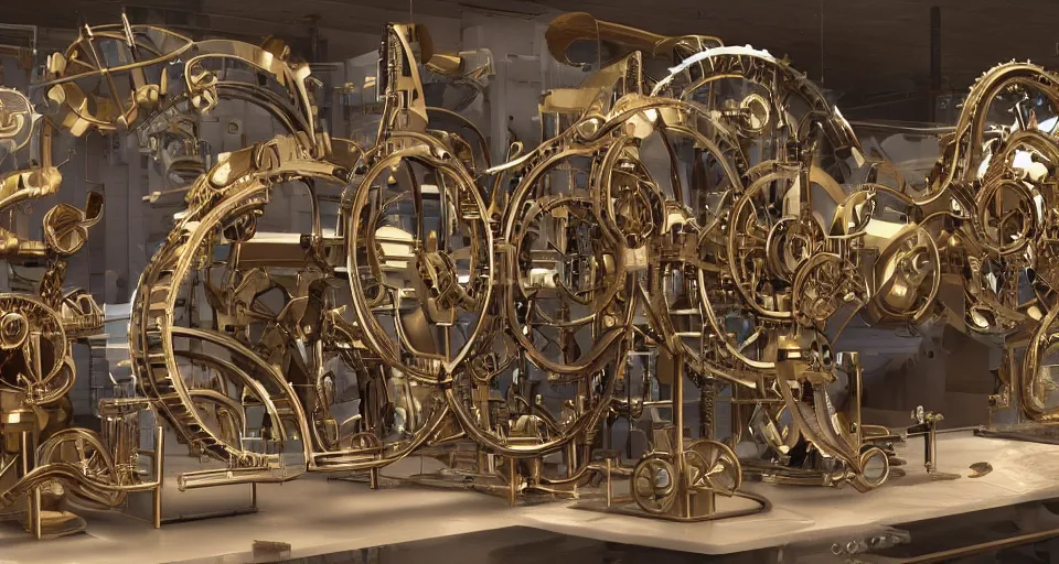 Prompt: a complex machine that makes bagels, detailed 3 d render, brass and wood mechanisms, clockwork machines, elaborate rube goldberg style, volumetric lighting, realistic, dramatic