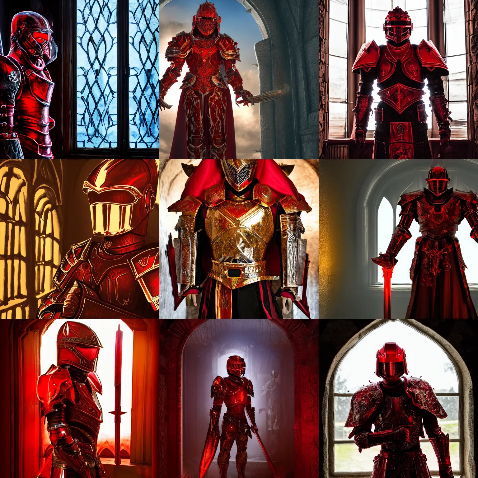 Prompt: red evil knight, glowing halo, fantasy paladin, intricate legendary armor, located in a castle, morning sunlight through the window, decorated, high quality, highly detailed, 4 k
