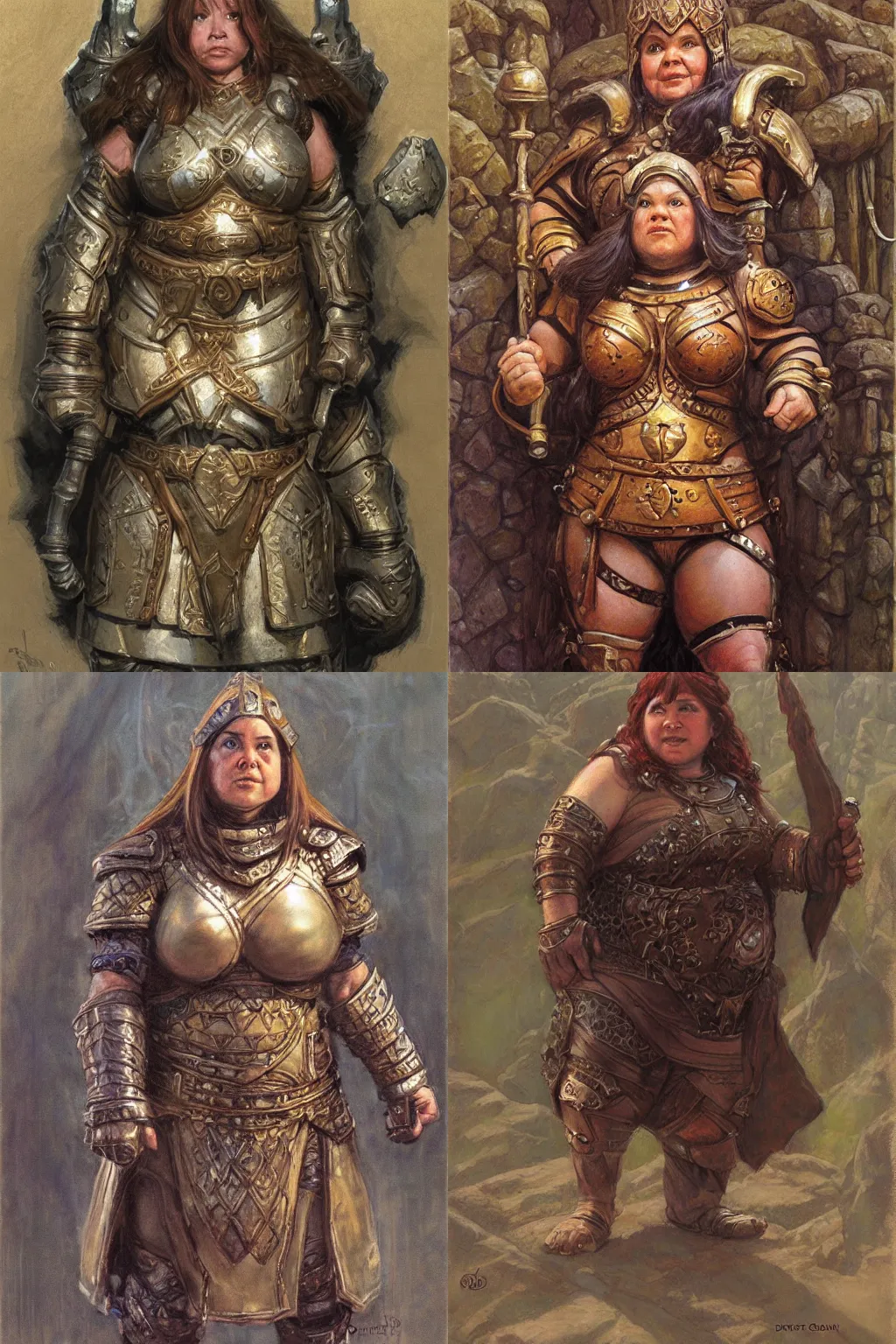 Prompt: female dwarven cleric, chubby short stature | by donato giancola